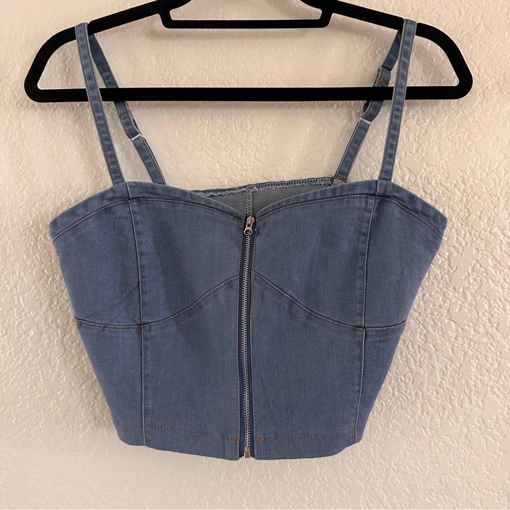 Blue Denim Zip Front Bustier Crop Top Adjustable Straps Western Festival Summer